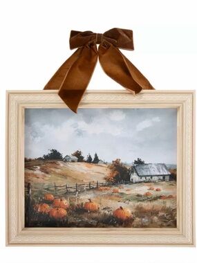 Framed Autumn Pumpkin Field Wall Art w/Brown Velvet Bow 13.5”x12” Thanksgiving
